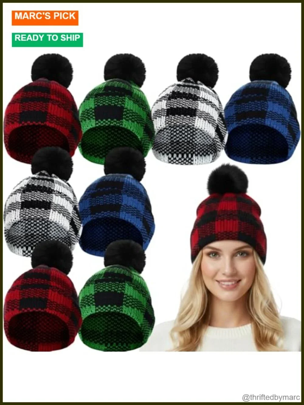 Winter Buffalo Plaid Cuff Beanie Hat Soft Stretch Pom Pom Thick Chunky Knit Cap